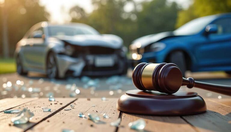 Two drivers examine their cars and exchange information after a low-speed collision in a suburban residential street.